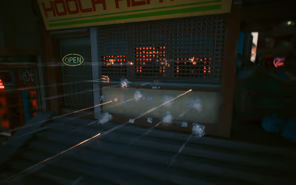 Gunfire hits a storefront with bullet streaks, sparks, and smoke near an "Open" sign.