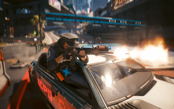 A police officer leans out of a futuristic car, aiming a rifle amid an explosion.