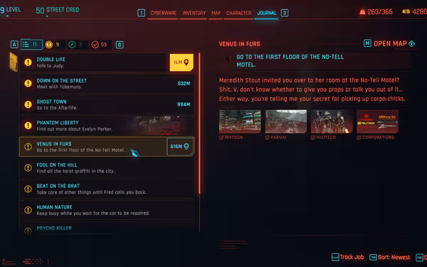 A video game quest menu shows multiple objectives, with "Venus in Furs" highlighted