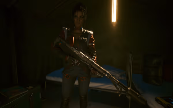 A woman in futuristic armor holds a large sniper rifle in a dimly lit tent.