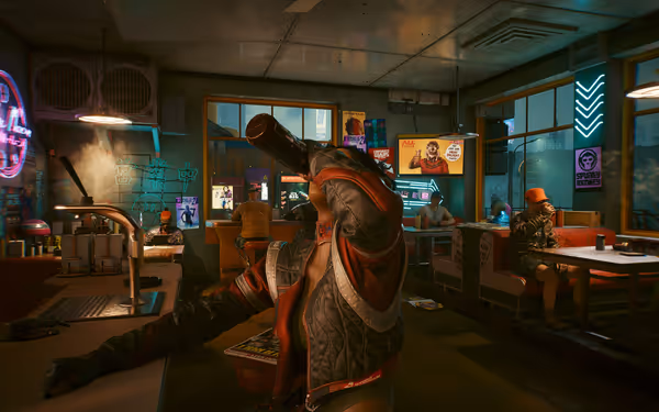 A woman in a red jacket drinks from a bottle in a neon-lit diner.