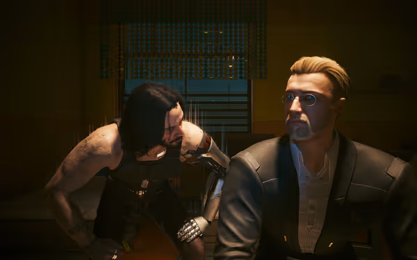 A man with a robotic arm leans in aggressively toward another man in a suit.