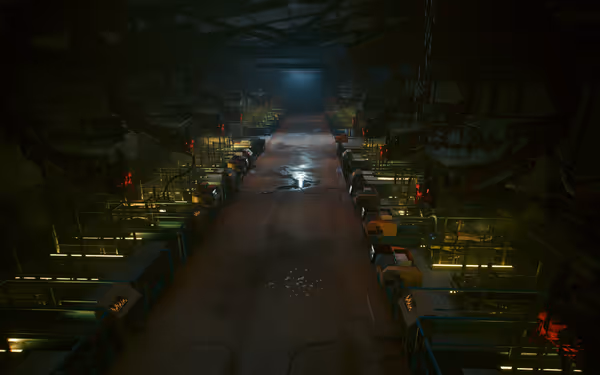 A dark industrial facility with empty workstations, robotic arms, and dim overhead lighting.