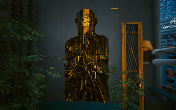 A futuristic mural of a figure with a glowing sun head and cityscape body.