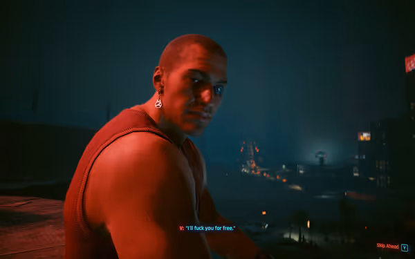 A muscular man with a cybernetic eye and red tank top sits overlooking a city.