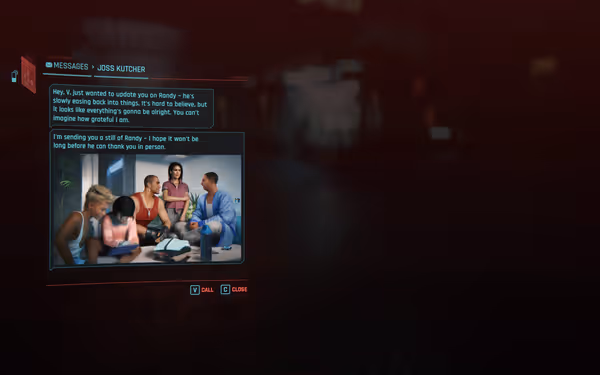 A message from Joss Kutcher updates V on Randy's recovery with an attached photo