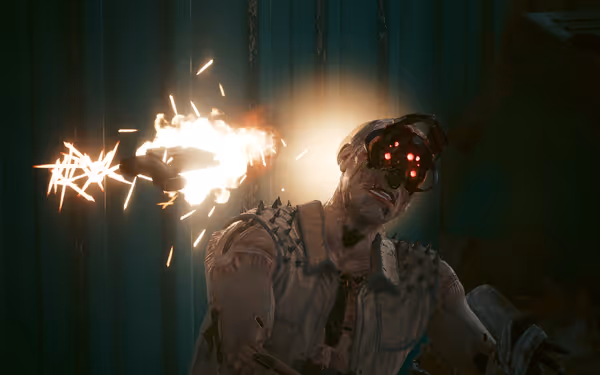 A cybernetic figure with glowing red eyes is shot in the head, sparks flying