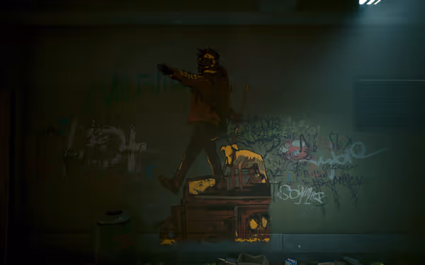 A painting of a blindfolded man with a cane and dog walking off a ledge