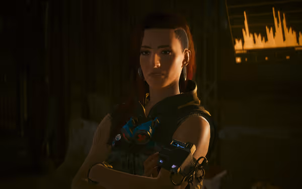 A woman with a side-cut hairstyle, cybernetic armband, and goggles stands confidently