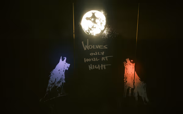 A glowing moon, two neon-lit howling wolves, and graffiti text reading "Wolves only howl at night"