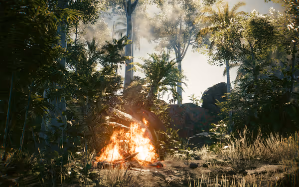 A bright fire burns among dense green jungle vegetation with tall trees and smoke rising