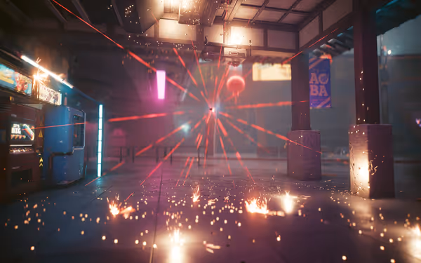 A bullet flies through the air, causing red laser streaks and bright sparks.