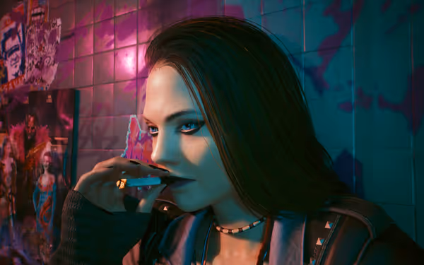 A woman with blue eyes and dark hair smokes in a neon-lit graffiti-covered room.
