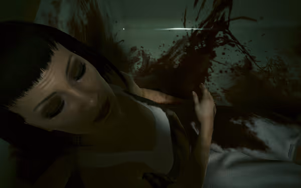 A woman with short black hair lies in a blood-filled bathtub, appearing lifeless.