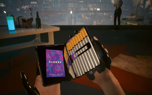 A cybernetic hand holds an open cigarette case with a neon card labeled "Clouds".