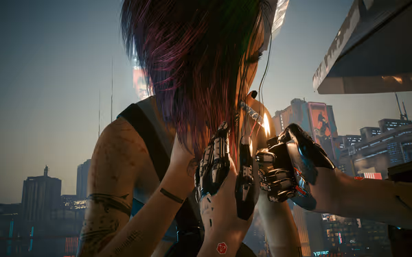 A woman with cybernetic arms and colorful hair lights a cigarette in a futuristic city.