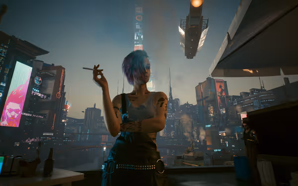 A woman with tattoos and cybernetic enhancements smokes on a rooftop overlooking a futuristic city