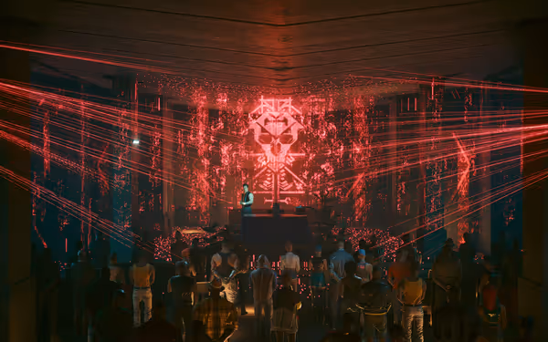A crowd gathers before a speaker as red holographic skull imagery and lasers illuminate.