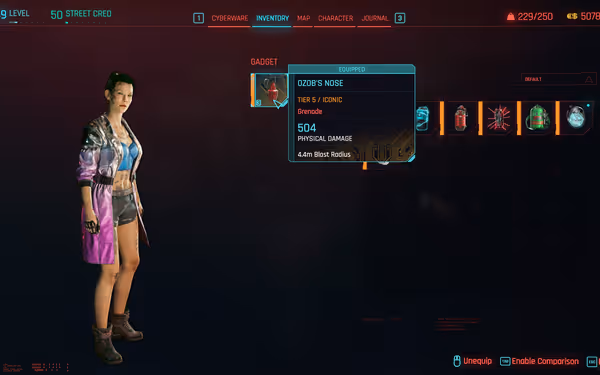A female character in a futuristic outfit selects "Ozob's Nose," an iconic grenade.