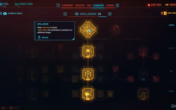 A character skill tree highlights the "Spillover" perk, enhancing quickhack spread during Overclock.