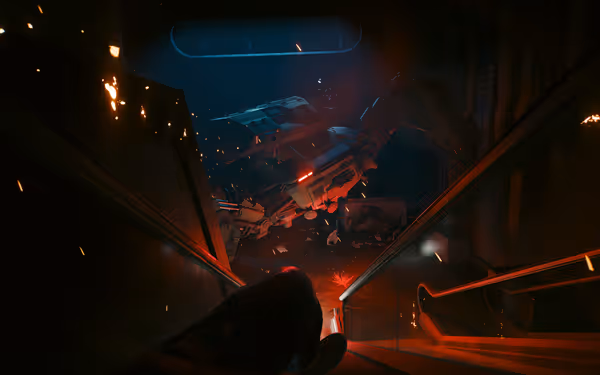 A large combat mech crawls forwards, surrounded by falling sparks.