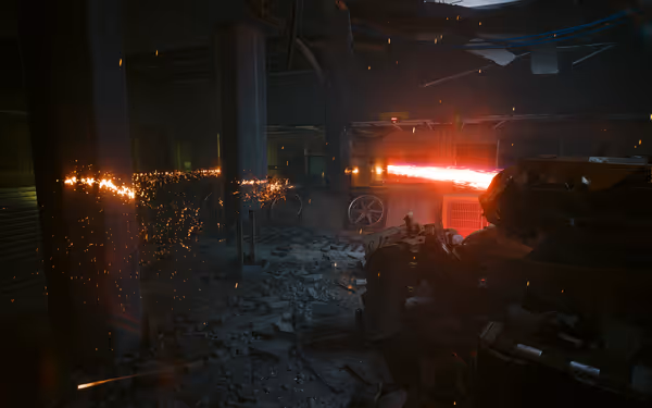 A large mech fires a red laser through crumbling pillars in a dark, damaged building.