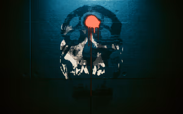 A white skull graffiti with a red paint splatter on the forehead drips downward.