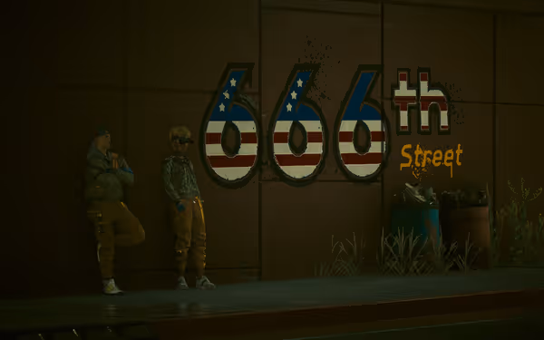 Two men in streetwear stand beside a large "666th Street" graffiti wall.