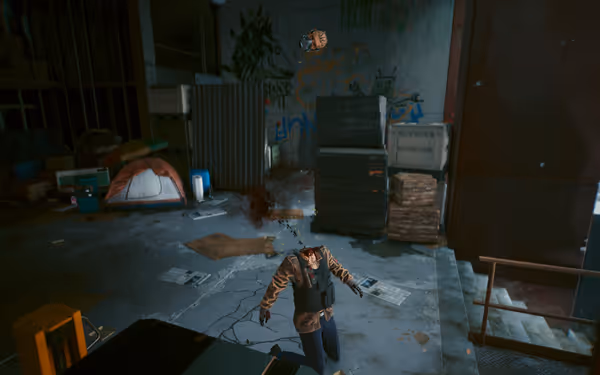 Headless body kneels on floor with severed head mid-air and blood spraying upward.