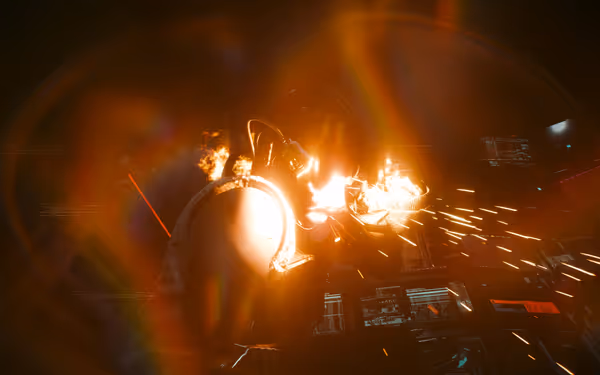 Person engulfed in flames and sparks, surrounded by glowing screens and digital interfaces.