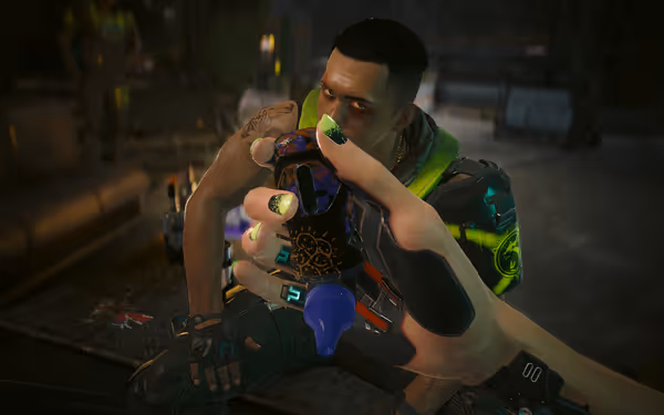 Person holds a colorful inhaler to their mouth, a bruised man's face in the background.