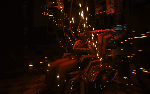 Person strapped to a futuristic chair with sparks flying, surrounded by cables and machinery.