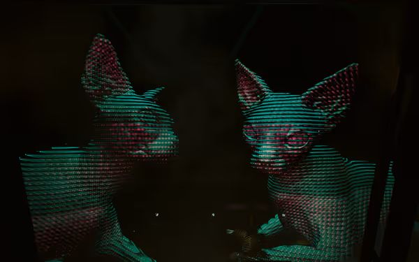 Two stylized, neon-striped sphynx cats face each other in a dark digital environment.
