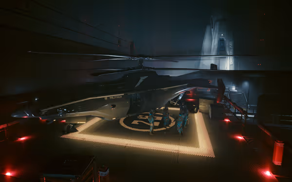 A black Militech helicopter sits on a lit helipad as armored soldiers stand nearby.