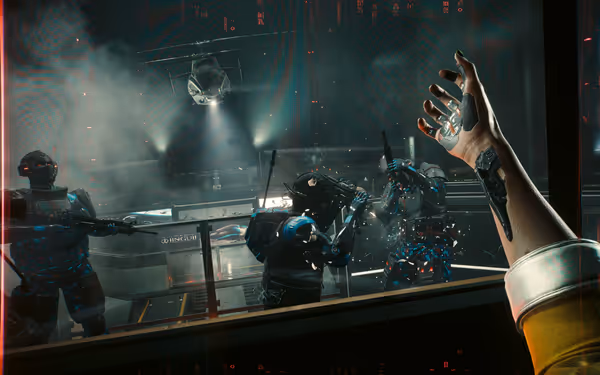 A cybernetic hand reaches toward armed soldiers and a hovering helicopter amid chaos.