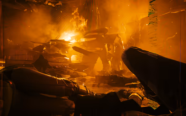 A massive explosion engulfs a room as two people lie on the floor.