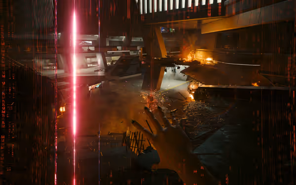 A hand reaches toward a fiery wreck, summoning a red energy bream to fry an enemy.