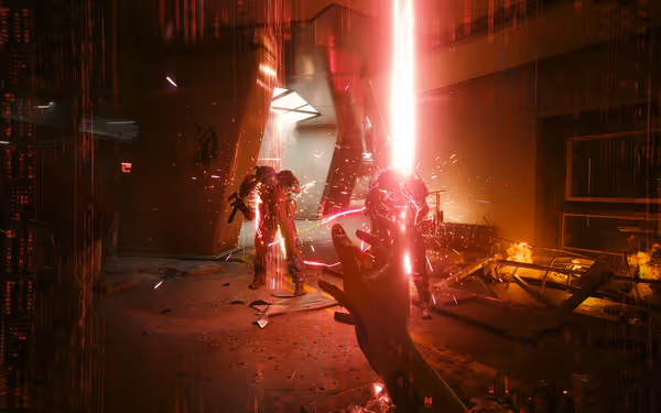 A glowing hand summons a red energy beam, killing two armored enemies amid destruction.