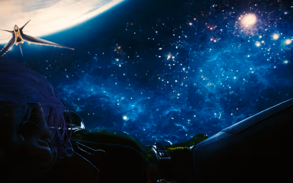 A person with purple hair floats in space.