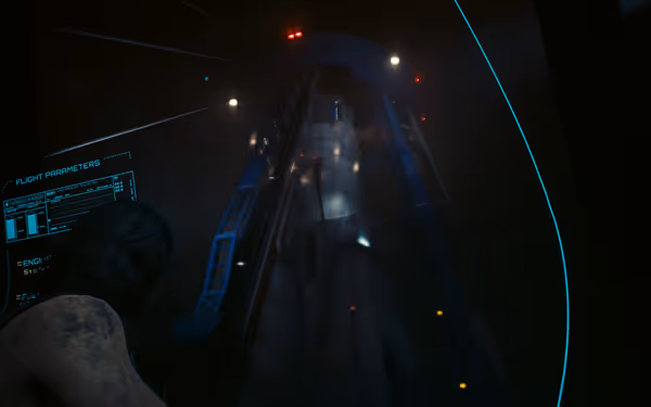 A man watches a towering rocket on a launchpad through a glass interface display.