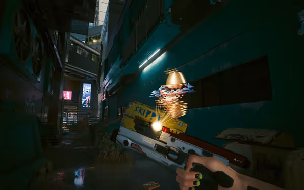 A cartoon bullet with goggles is glitching while hovering above the Skippy smart gun.