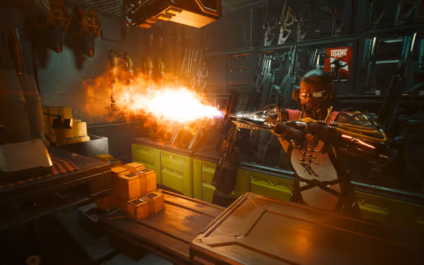 Cyborg fires flamethrower arm in weapon-filled room with crates and glowing lights.