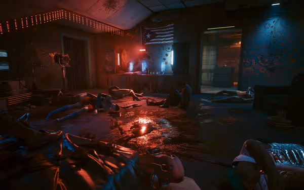 A bloodstained room with multiple bodies, neon lights, and a person holding a gun.