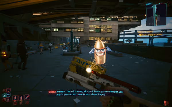 A yellow smart gun named Skippy displays a talking bullet hologram with animated expression.