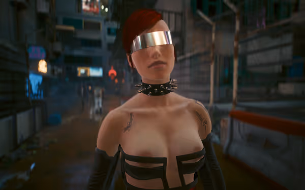 A woman with red hair, metal visor, and spiked choker stands near-naked in an alley.