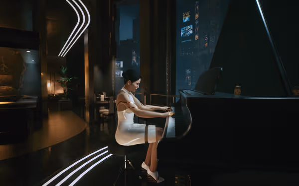 A woman in a white dress plays a grand piano in a sleek, futuristic room.