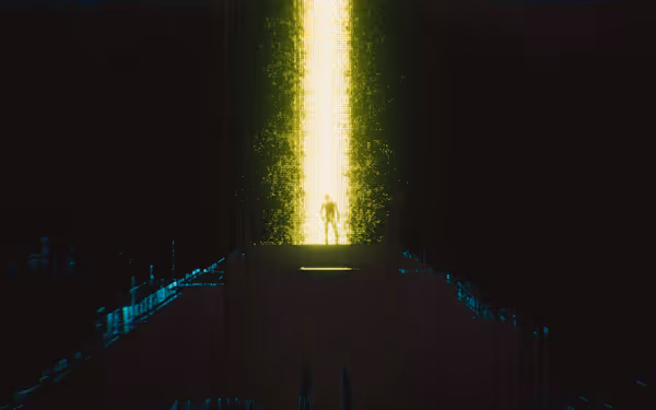 A lone figure stands before a vertical beam of glowing yellow light in darkness.