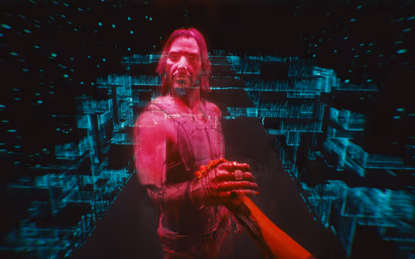 A red holographic man clasps a cybernetic hand amid glowing blue digital structures.