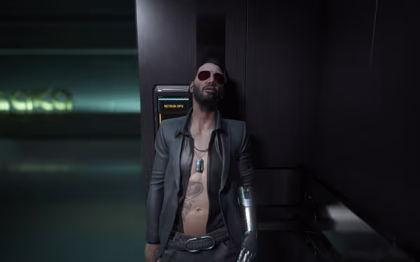 Man with cybernetic arm and sunglasses leans casually against wall near Netrun OPS terminal.