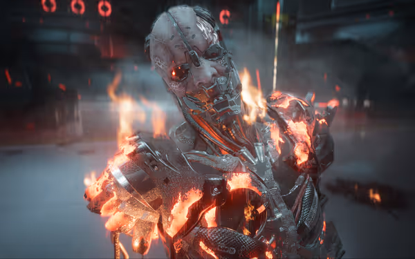 A damaged humanoid robot with exposed metal and burning armor glares intensely amid smoke.